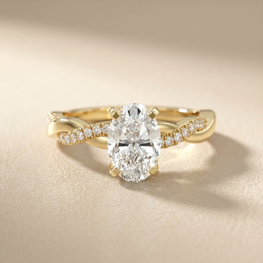 Oval Cut Lab Grown Diamond Twisted Side Stone Engagement Ring in Yellow Gold