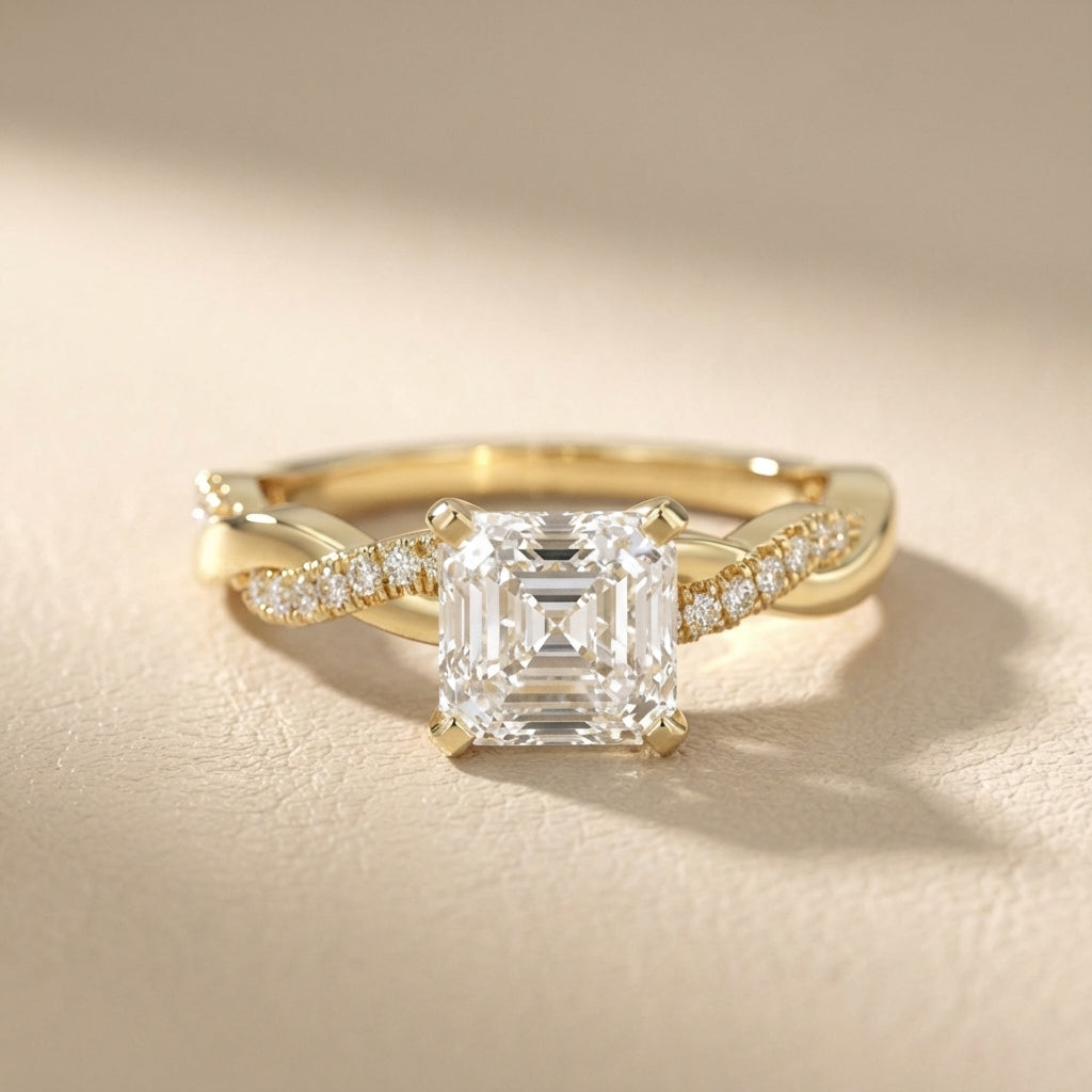 Asscher Cut Lab Grown Diamond Engagement Ring with Twisted Band in Yellow Gold