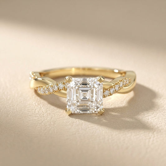 Asscher Cut Lab Grown Diamond Engagement Ring with Twisted Band in Yellow Gold