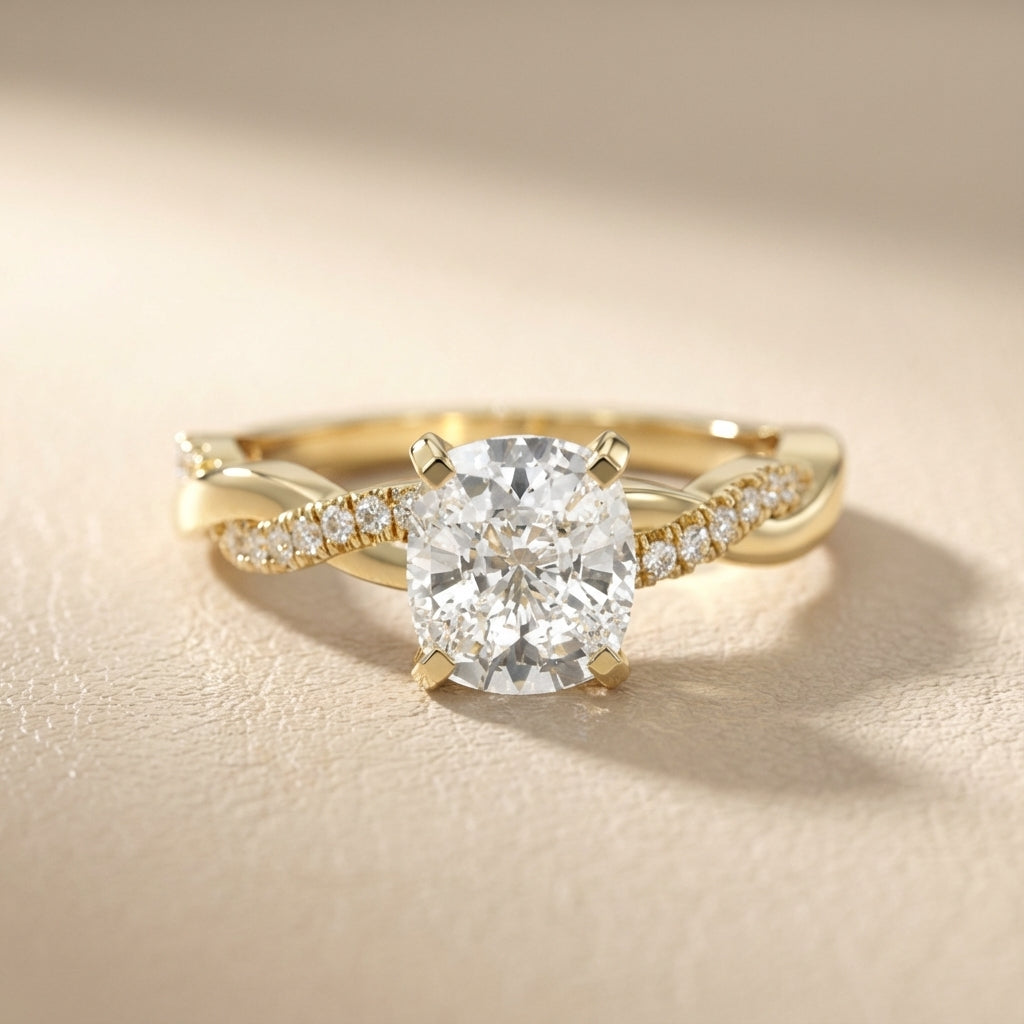 Cushion Cut Lab Grown Diamond Twisted Engagement Ring in Yellow Gold