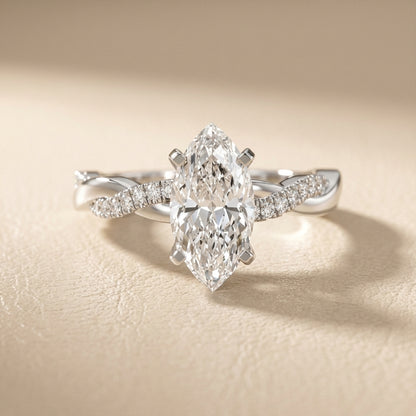 Marquise Cut Lab Grown Diamond Twisted Engagement Ring in Silver