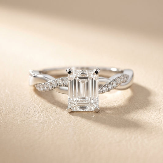 Emerald Cut Lab Grown Diamond Twisted Side Stone Engagement Ring in Silver