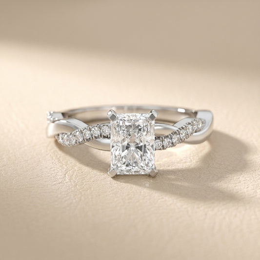 Radiant Cut Lab Grown Diamond Twisted Side Stone Engagement Ring in Platinum