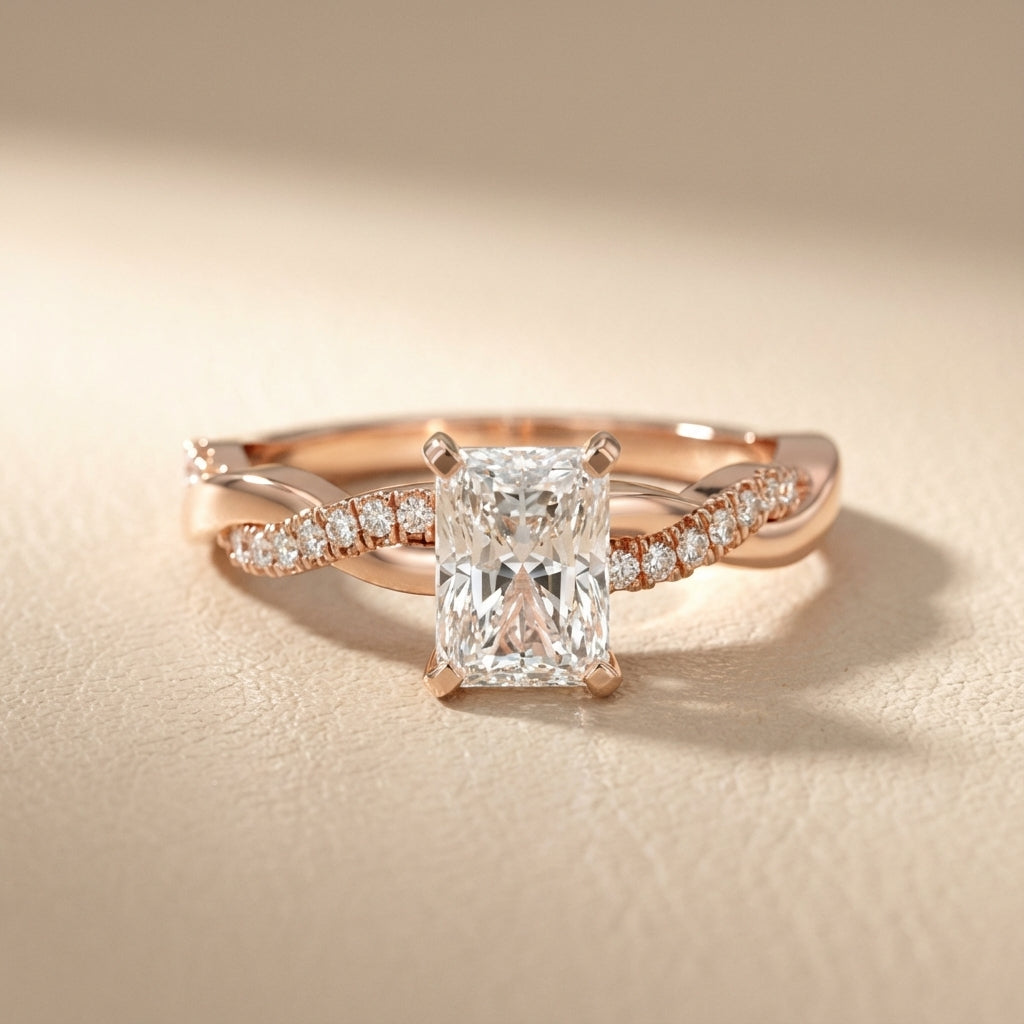 Radiant Cut Lab Grown Diamond Twisted Side Stone Engagement Ring in Rose Gold