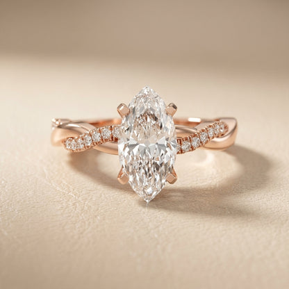 Marquise Cut Lab Grown Diamond Twisted Engagement Ring in Rose Gold