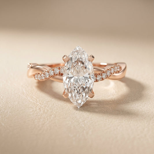 Marquise Cut Lab Grown Diamond Twisted Engagement Ring in Rose Gold