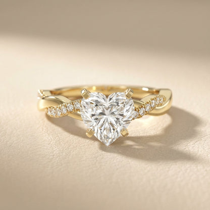 Heart Cut Lab Grown Diamond Twisted Engagement Ring in Yellow Gold