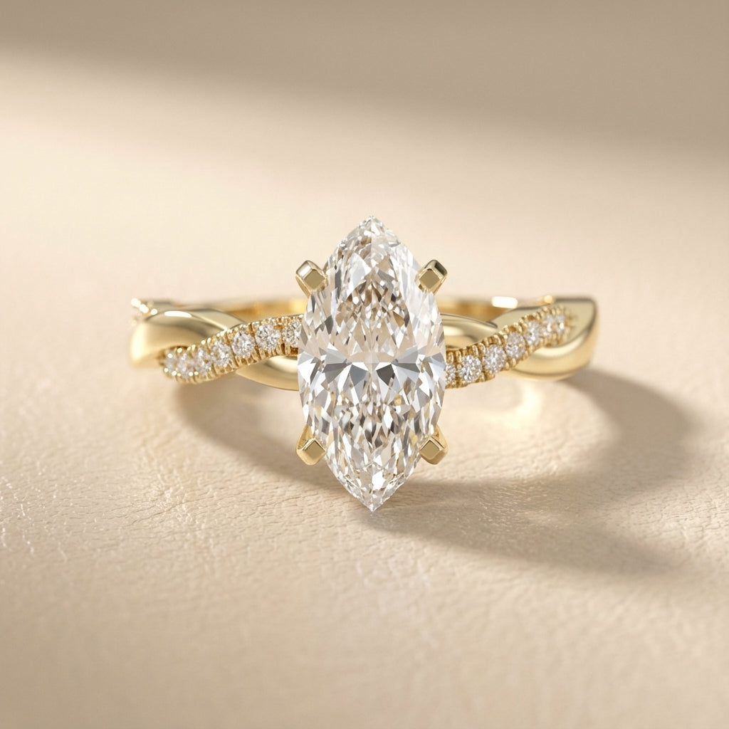 Marquise Cut Lab Grown Diamond Twisted Engagement Ring in Yellow Gold