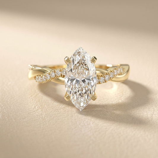Marquise Cut Lab Grown Diamond Twisted Engagement Ring in Yellow Gold