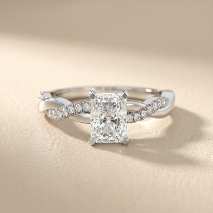 Radiant Cut Lab Grown Diamond Twisted Side Stone Engagement Ring in White Gold