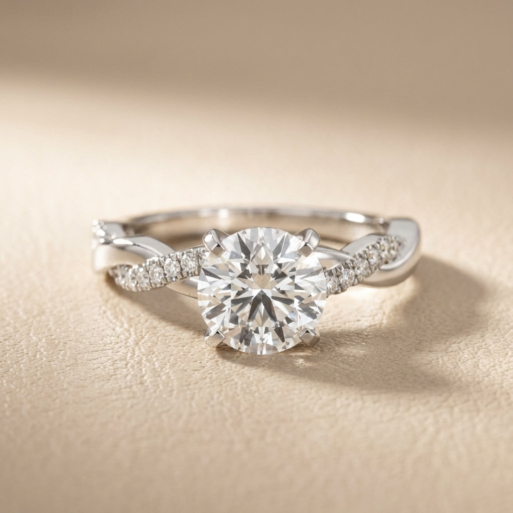 Round cut lab grown diamond twisted side stone engagement ring in platinum