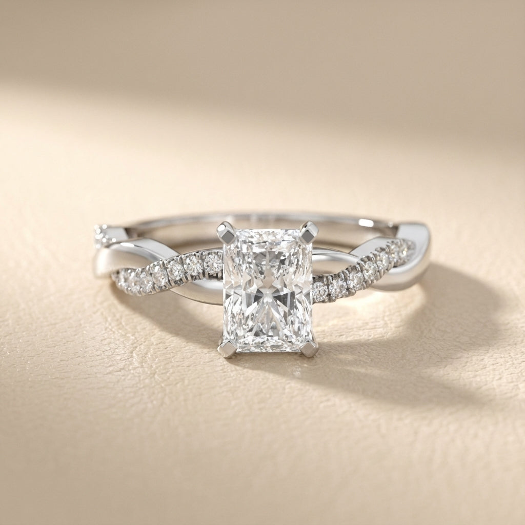 Radiant Cut Lab Grown Diamond Twisted Side Stone Engagement Ring in Silver
