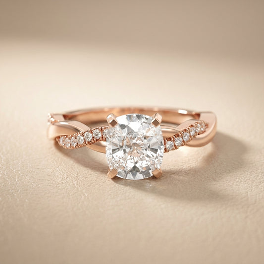 Cushion Cut Lab Grown Diamond Twisted Engagement Ring in Rose Gold