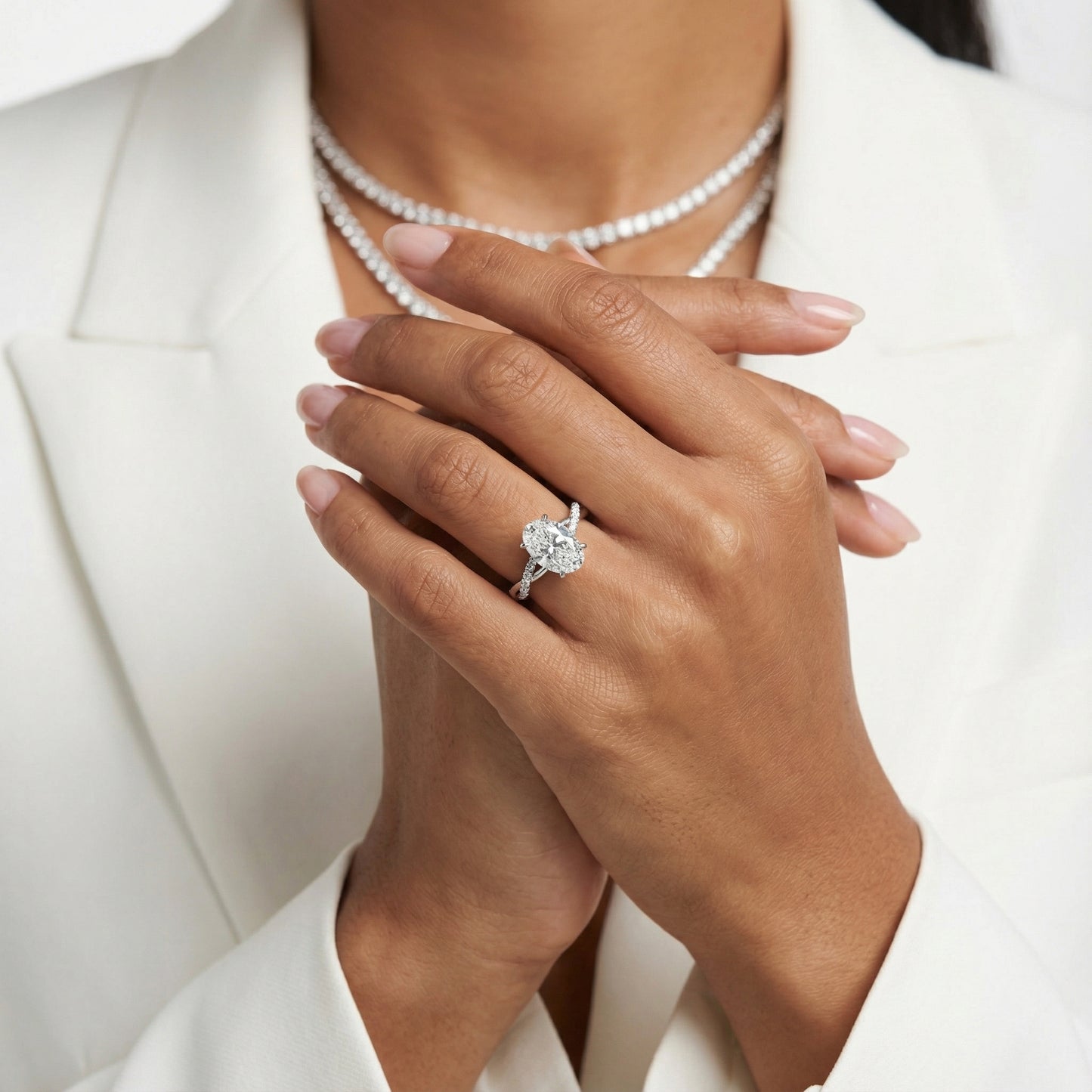 Oval Cut Lab Grown Diamond Twisted Side Stone Engagement Ring in Platinum