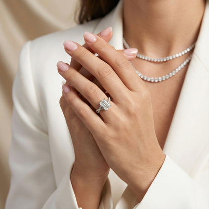 Emerald Cut Lab Grown Diamond Twisted Side Stone Engagement Ring in Silver