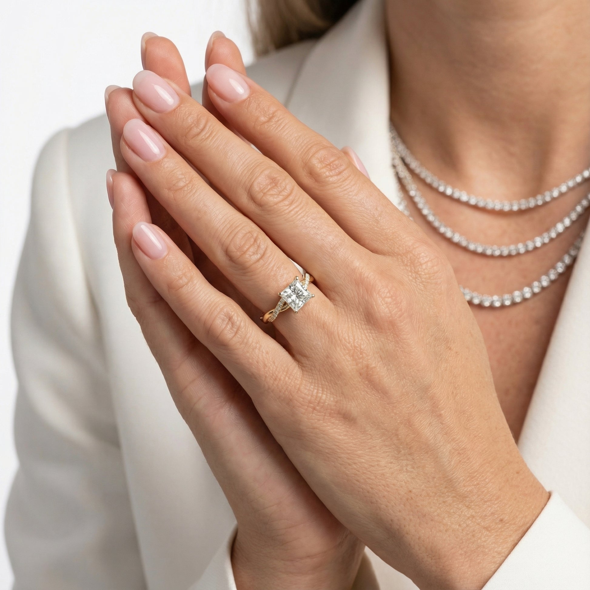 Princess Cut Lab Grown Diamond Twisted Side Stone Engagement Ring in Yellow Gold