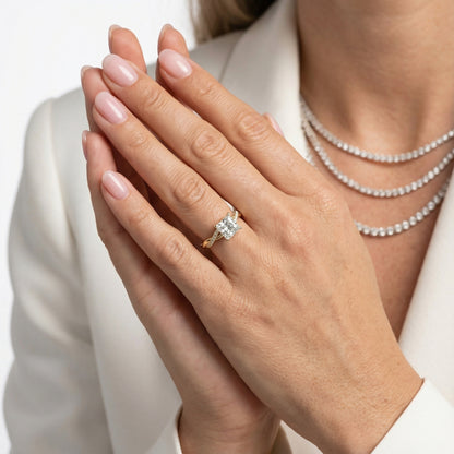 Princess Cut Lab Grown Diamond Twisted Side Stone Engagement Ring in Yellow Gold