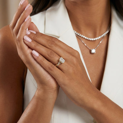 Radiant Cut Lab Grown Diamond Twisted Side Stone Engagement Ring in Yellow Gold