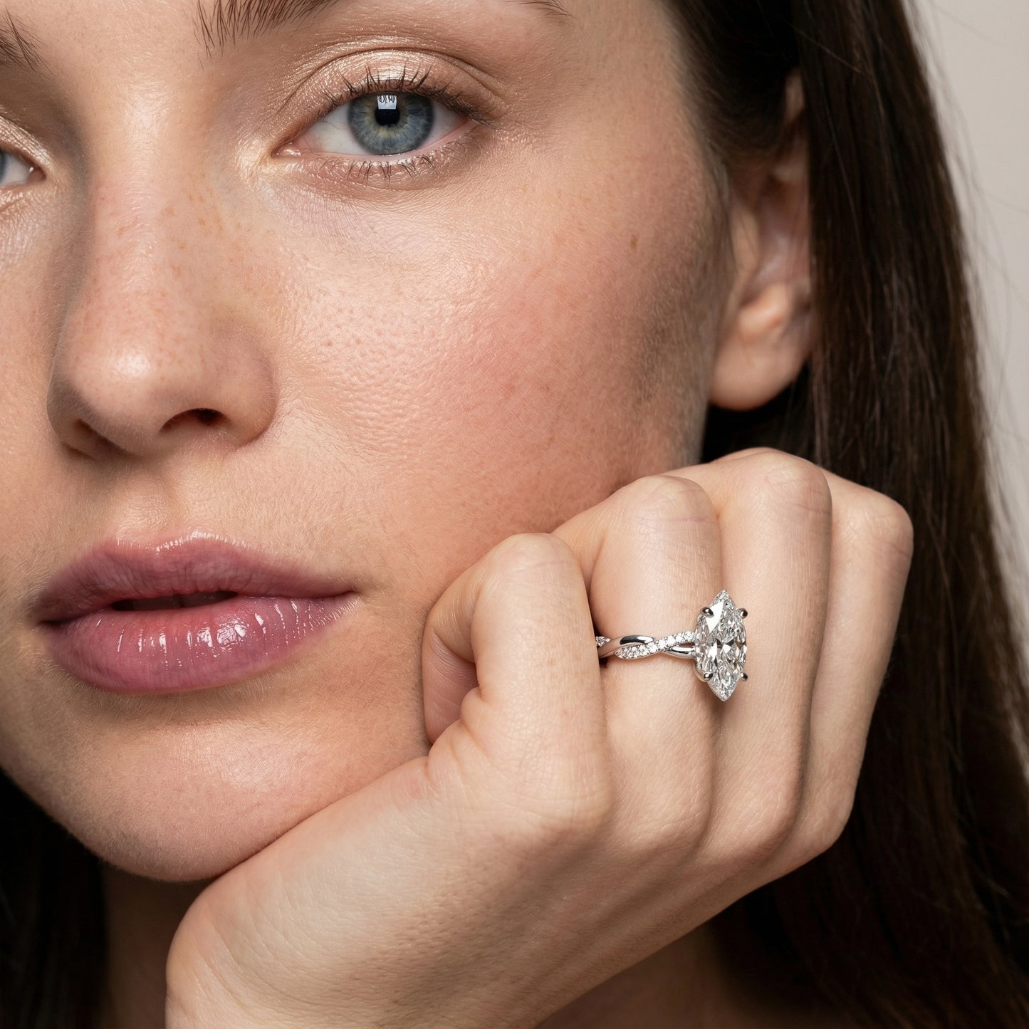 Marquise Cut Lab Grown Diamond Twisted Engagement Ring in Silver