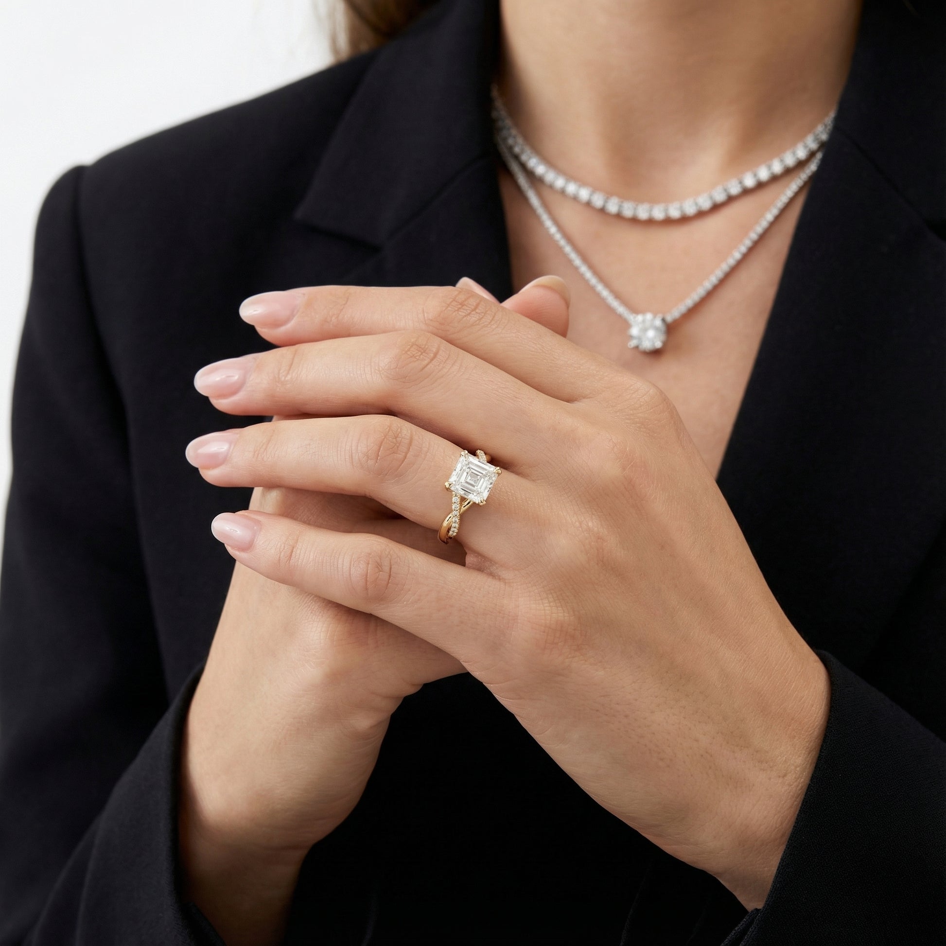 Asscher Cut Lab Grown Diamond Engagement Ring with Twisted Band in Yellow Gold