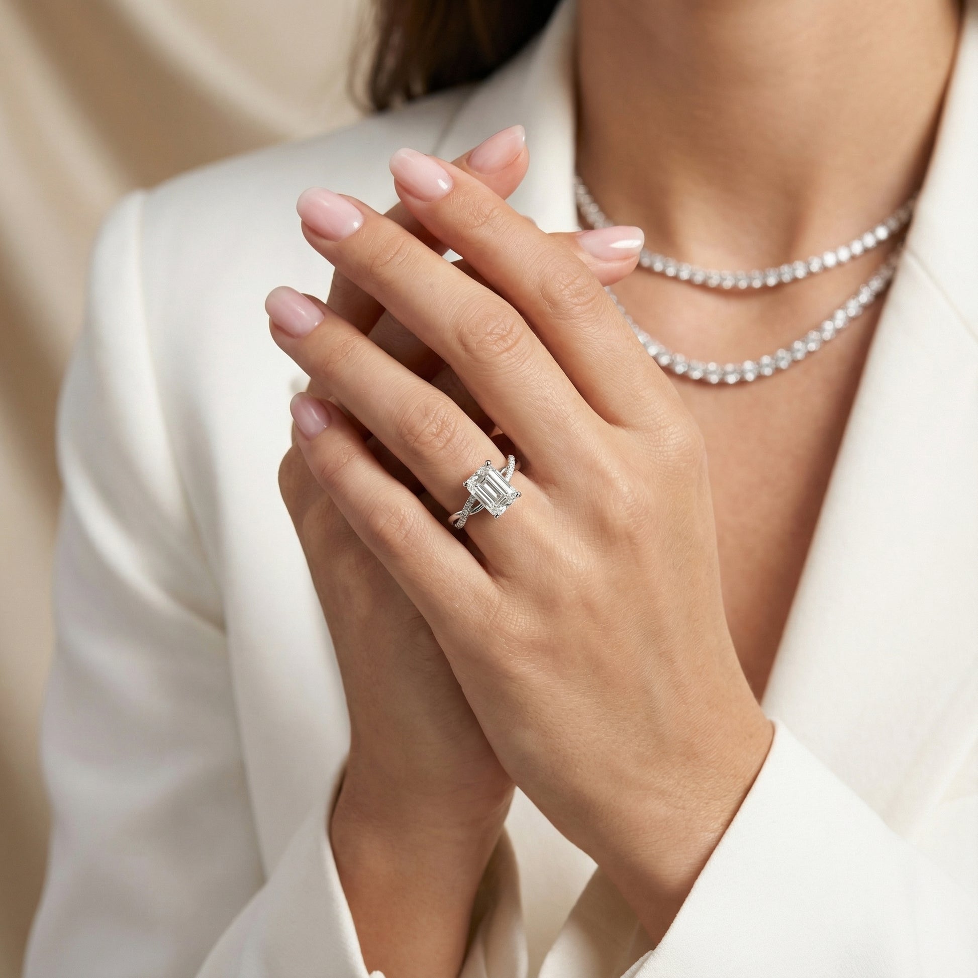 Emerald Cut Lab Grown Diamond Twisted Side Stone Engagement Ring in Platinum