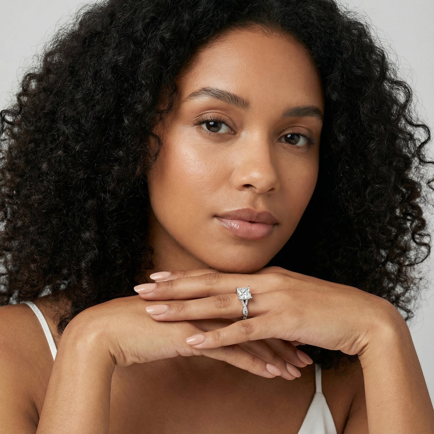 Princess Cut Lab Grown Diamond Twisted Side Stone Engagement Ring in White Gold