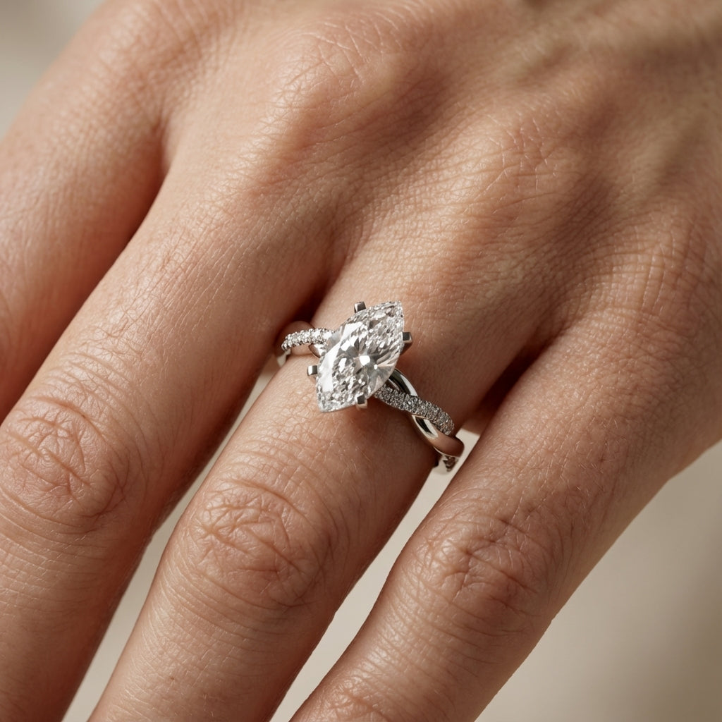 Marquise Cut Lab Grown Diamond Twisted Engagement Ring in Silver