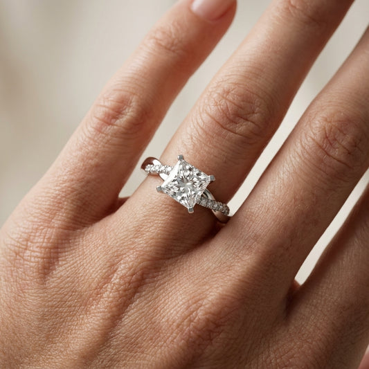Princess Cut Lab Grown Diamond Twisted Side Stone Engagement Ring in Platinum