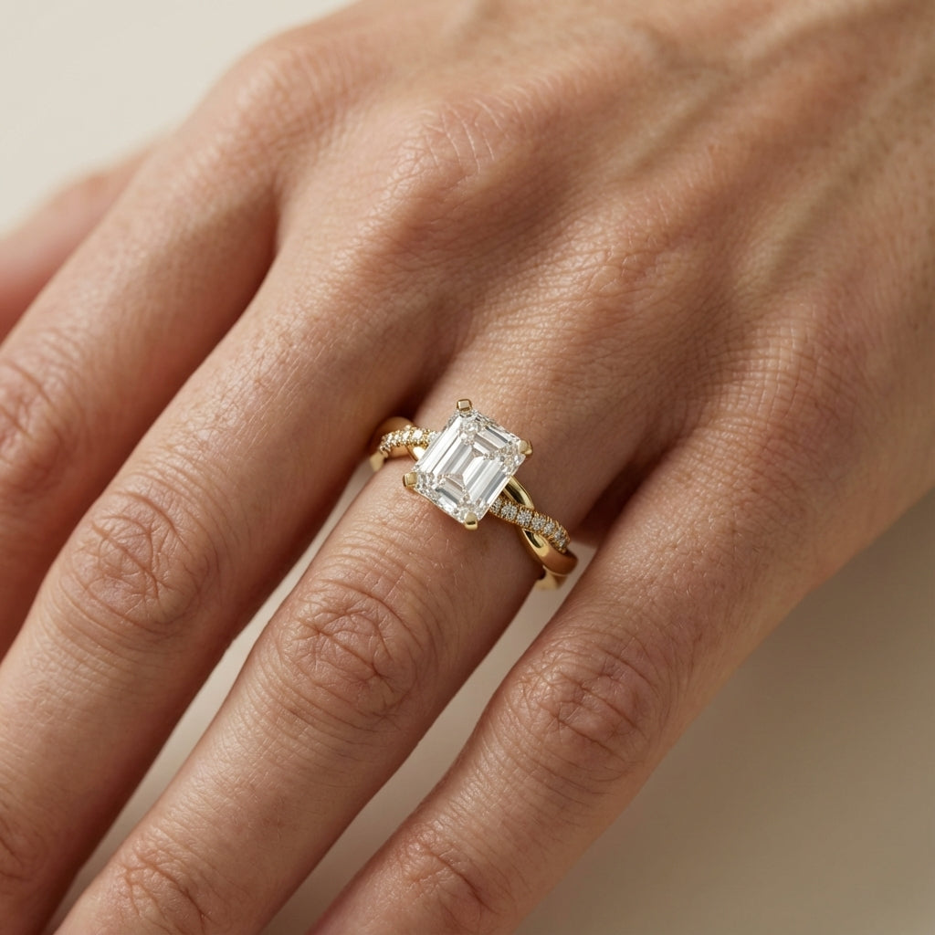 Asscher Cut Lab Grown Diamond Engagement Ring with Twisted Band in Yellow Gold