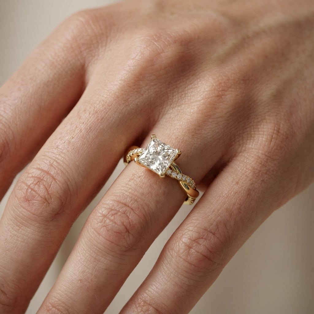 Princess Cut Lab Grown Diamond Twisted Side Stone Engagement Ring in Yellow Gold