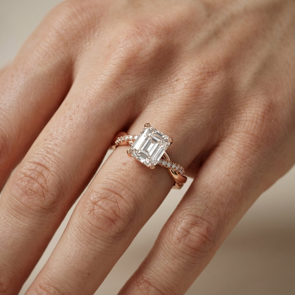 Asscher Cut Lab Grown Diamond Engagement Ring with Twisted Pavé Band in Rose Gold