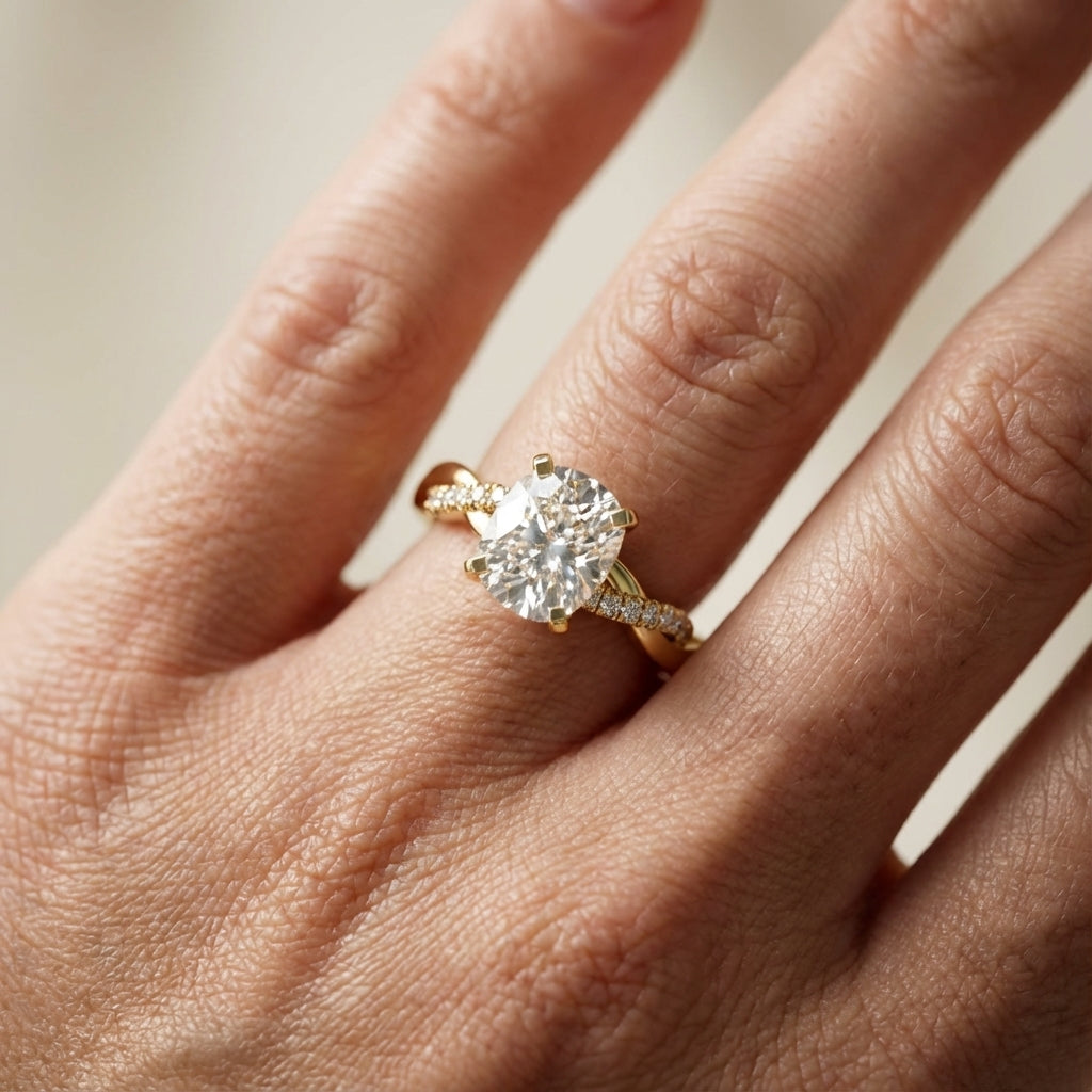 Cushion Cut Lab Grown Diamond Twisted Engagement Ring in Yellow Gold