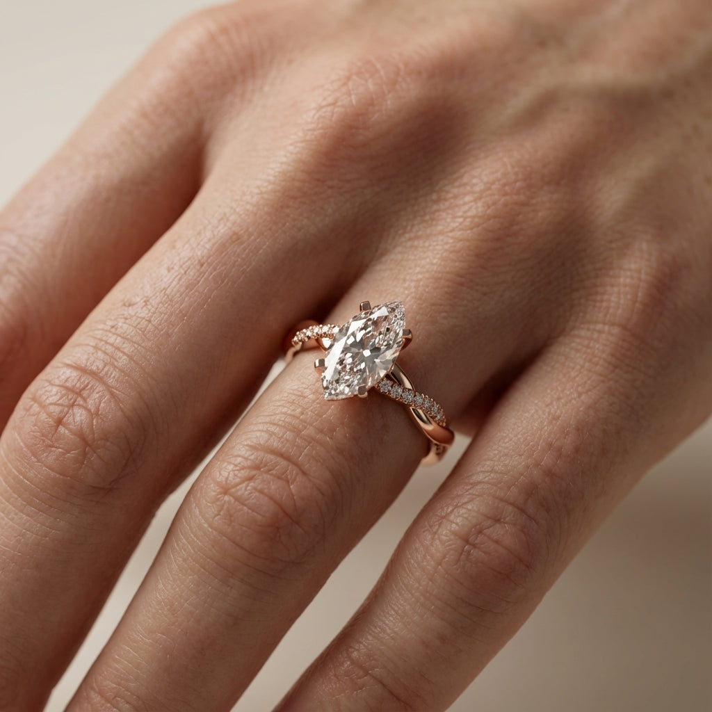 Marquise Cut Lab Grown Diamond Twisted Engagement Ring in Rose Gold