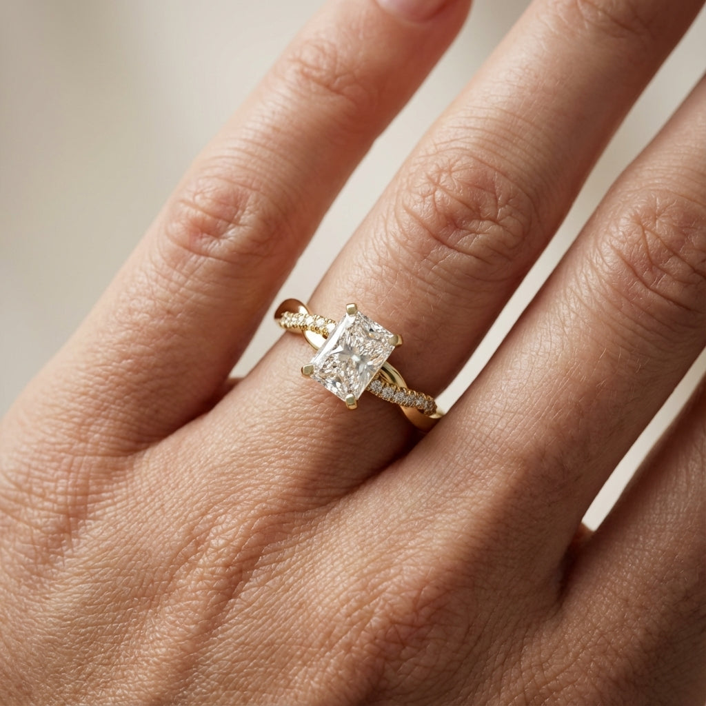 Radiant Cut Lab Grown Diamond Twisted Side Stone Engagement Ring in Yellow Gold
