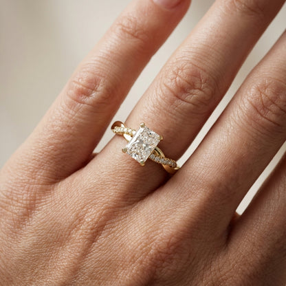 Radiant Cut Lab Grown Diamond Twisted Side Stone Engagement Ring in Yellow Gold