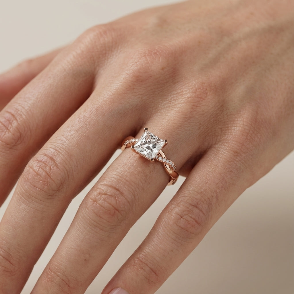 Princess Cut Lab Grown Diamond Twisted Side Stone Engagement Ring in Rose Gold