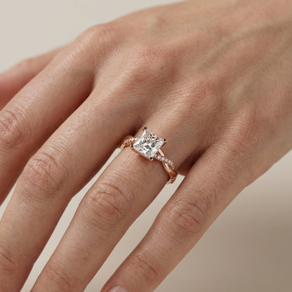 Princess Cut Lab Grown Diamond Twisted Side Stone Engagement Ring in Rose Gold