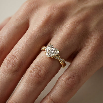 Heart Cut Lab Grown Diamond Twisted Engagement Ring in Yellow Gold