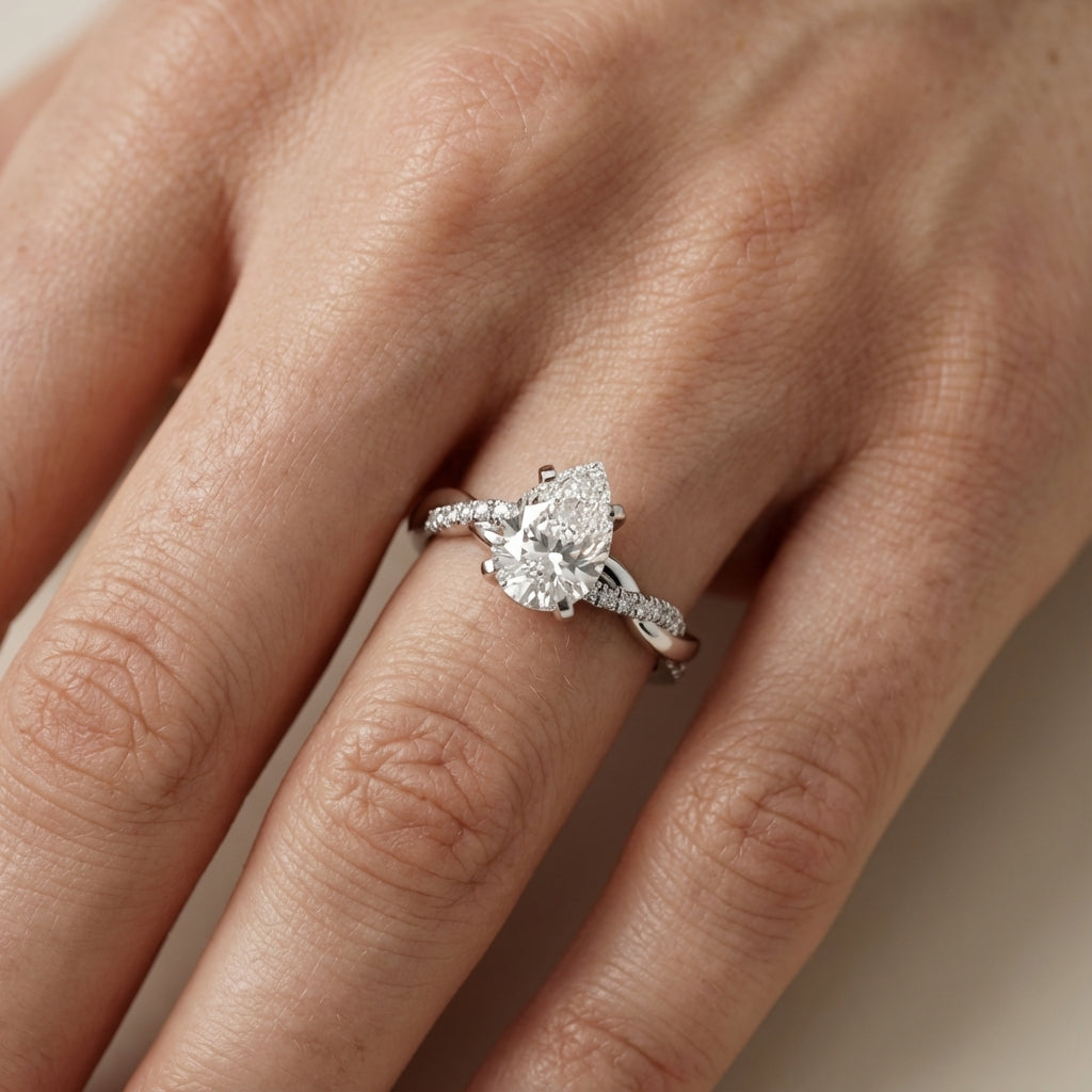 Pear Cut Lab Grown Diamond Twisted Engagement Ring in Silver
