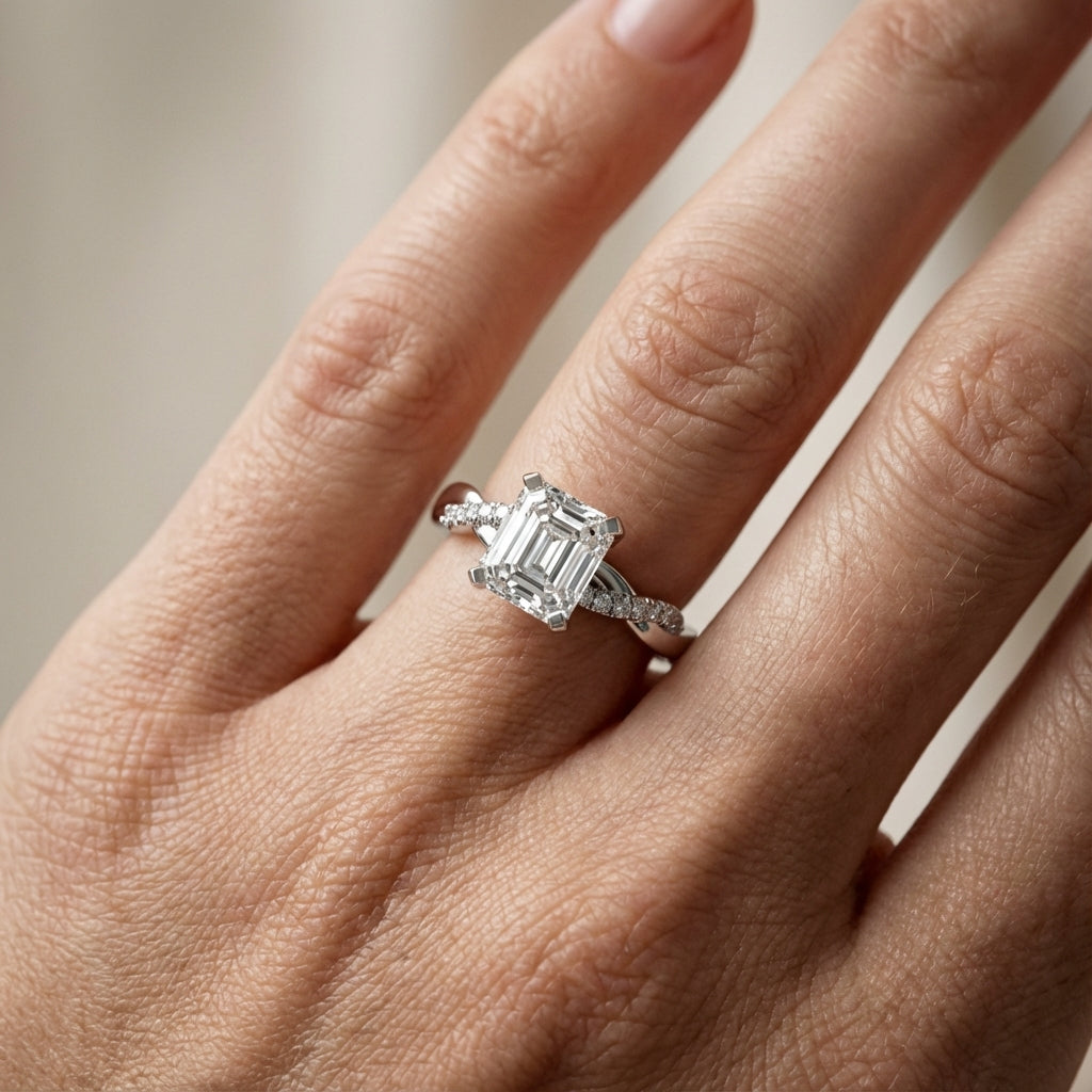 Asscher Cut Lab Grown Diamond Engagement Ring with Twisted Band in Platinum