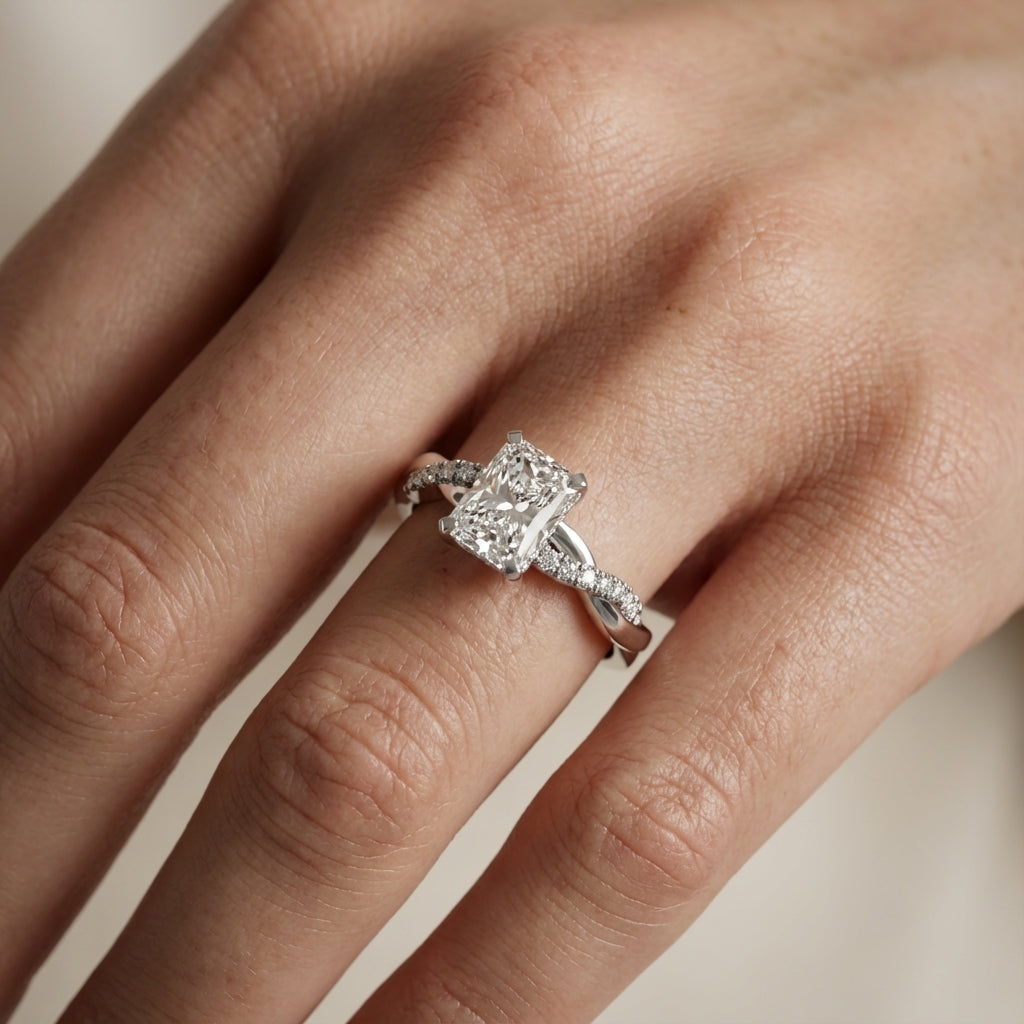 Radiant Cut Lab Grown Diamond Twisted Side Stone Engagement Ring in Silver