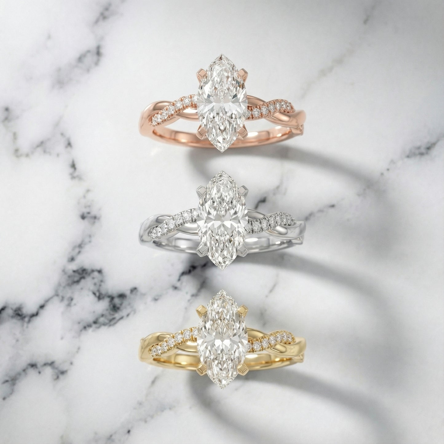 Marquise Cut Lab Grown Diamond Twisted Engagement Ring in Rose Gold