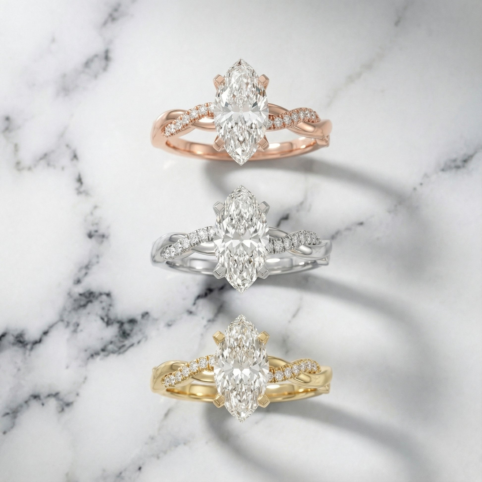 Marquise Cut Lab Grown Diamond Twisted Engagement Ring in Rose Gold