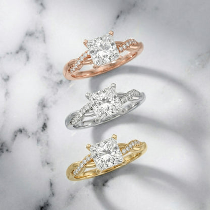 Princess Cut Lab Grown Diamond Twisted Side Stone Engagement Ring in Yellow Gold