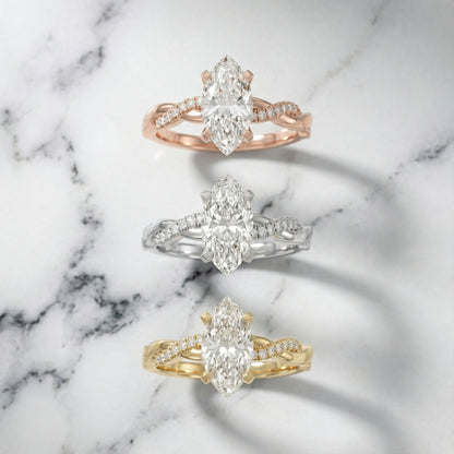 Marquise Cut Lab Grown Diamond Twisted Engagement Ring in Silver