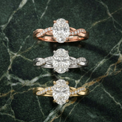 Oval Cut Lab Grown Diamond Twisted Side Stone Engagement Ring in Rose Gold