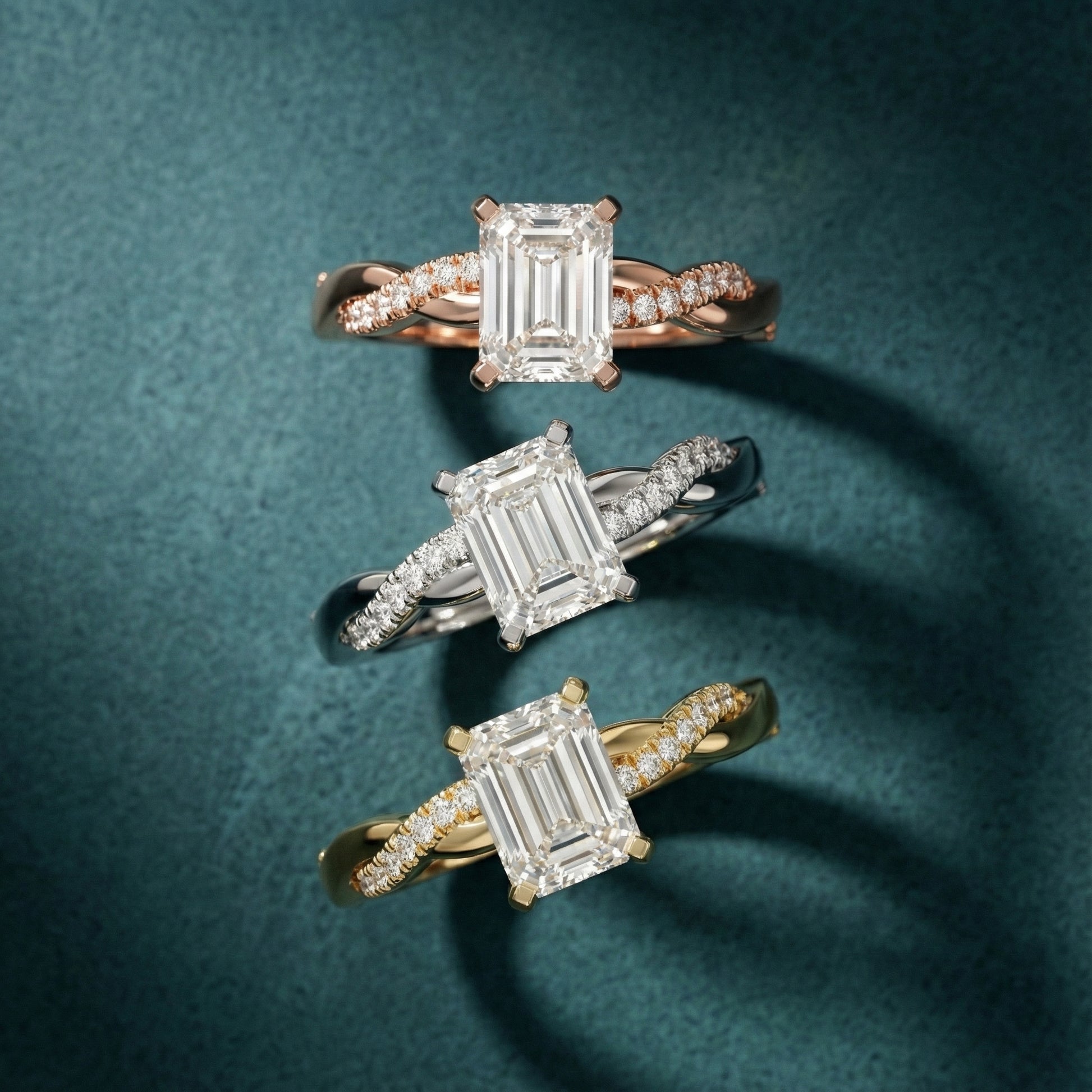 Emerald Cut Lab Grown Diamond Twisted Side Stone Engagement Ring in Yellow Gold