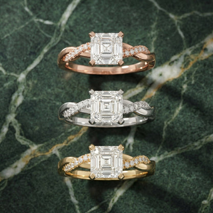 Asscher Cut Lab Grown Diamond Engagement Ring with Twisted Pavé Band in Rose Gold