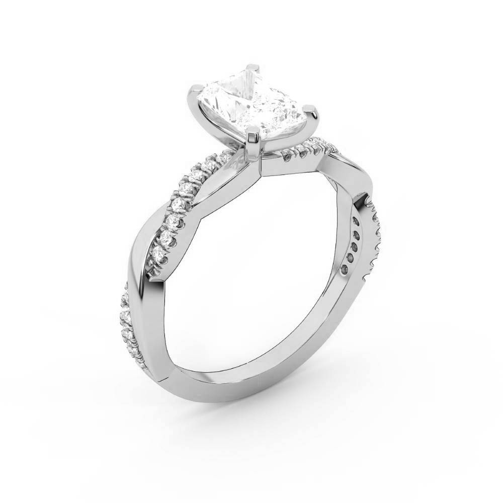 Radiant Cut Lab Grown Diamond Twisted Side Stone Engagement Ring in Silver