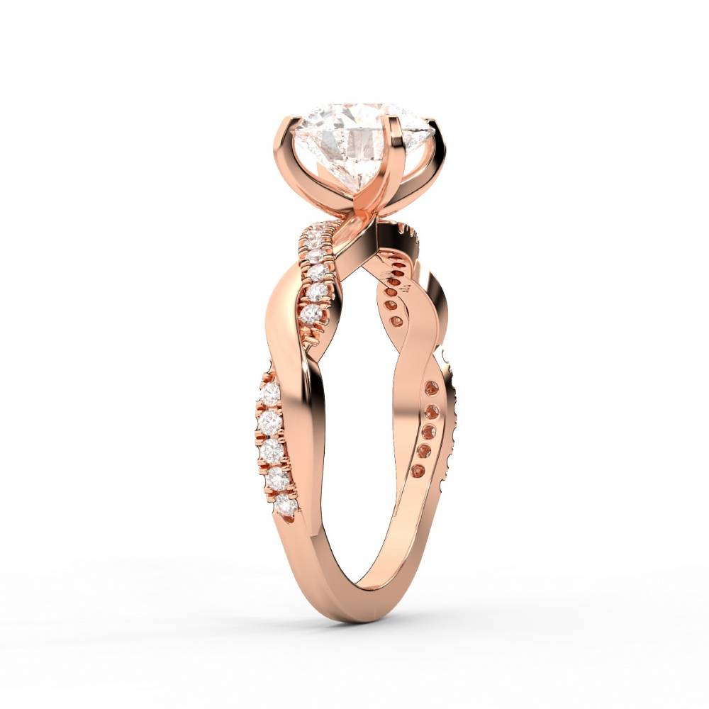 Round cut lab grown diamond twisted side stone engagement ring in rose gold
